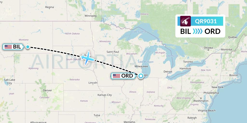 QR9031 Qatar Airways Flight Map: Billings to Chicago