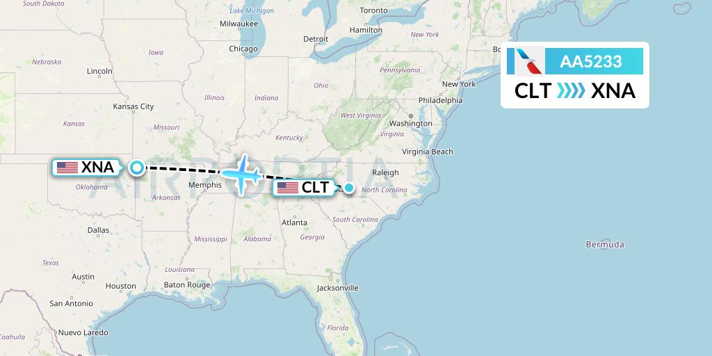 AA5233 American Airlines Flight Map: Charlotte to Bentonville