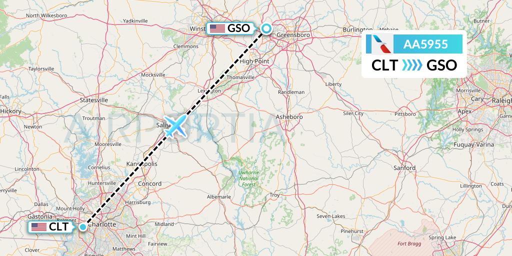 AA5955 American Airlines Flight Map: Charlotte to Greensboro