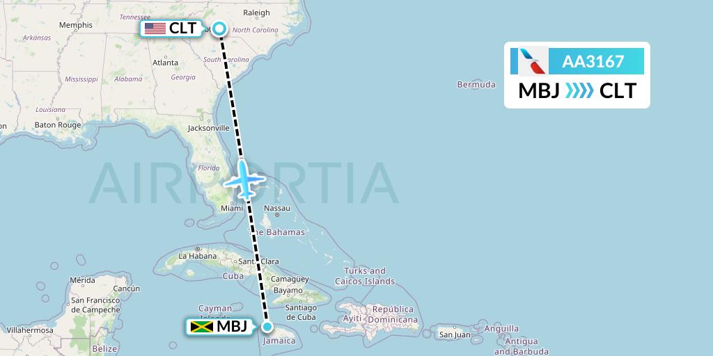 AA3167 American Airlines Flight Map: Montego Bay to Charlotte