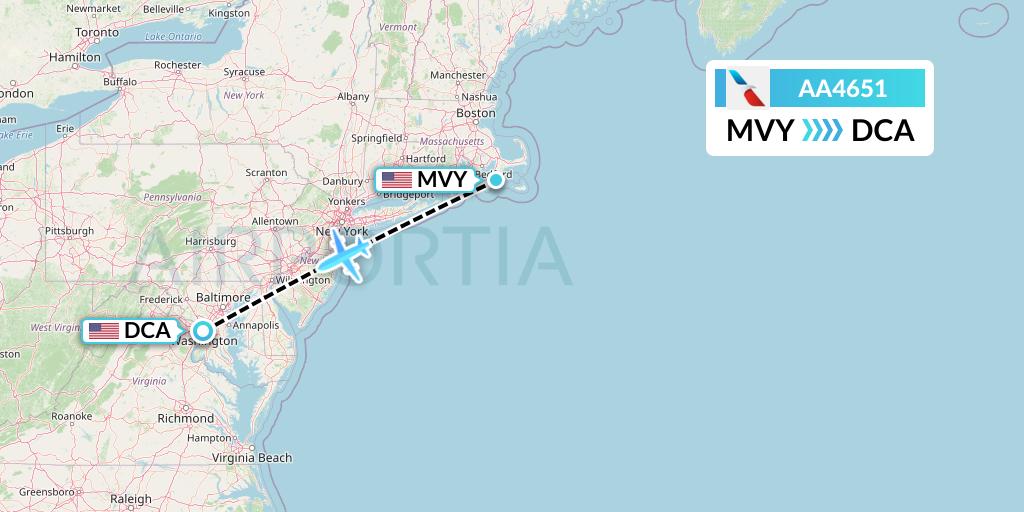 AA4651 American Airlines Flight Map: Martha's Vineyard to Washington