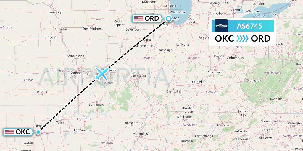AS6745 Alaska Airlines Flight Map: Oklahoma City to Chicago
