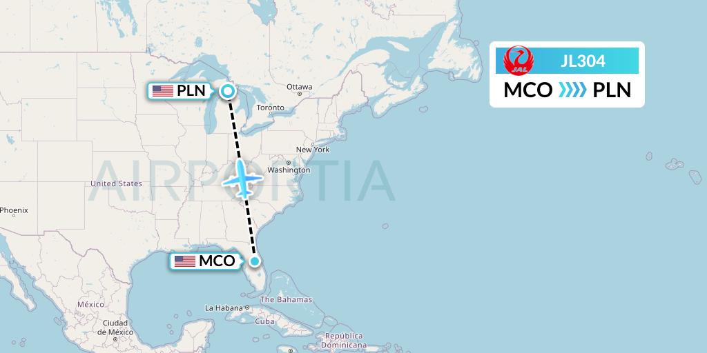 JL304 Japan Airlines Flight Map: Orlando to Pellston