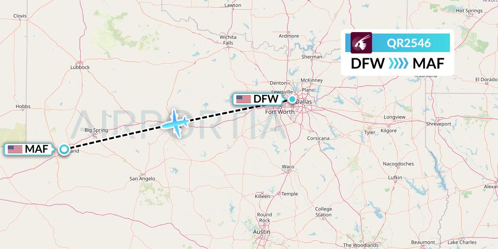 QR2546 Qatar Airways Flight Map: Dallas to Midland