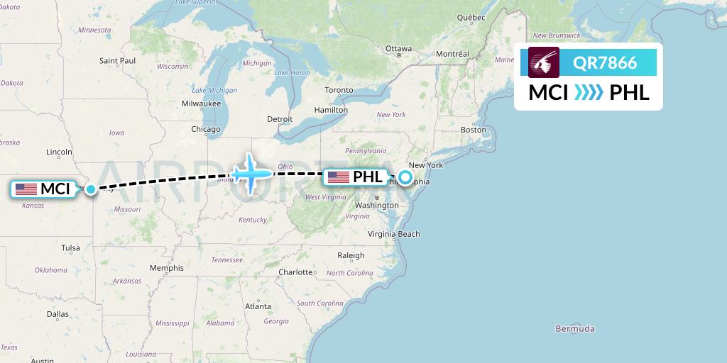 QR7866 Qatar Airways Flight Map: Kansas City to Philadelphia