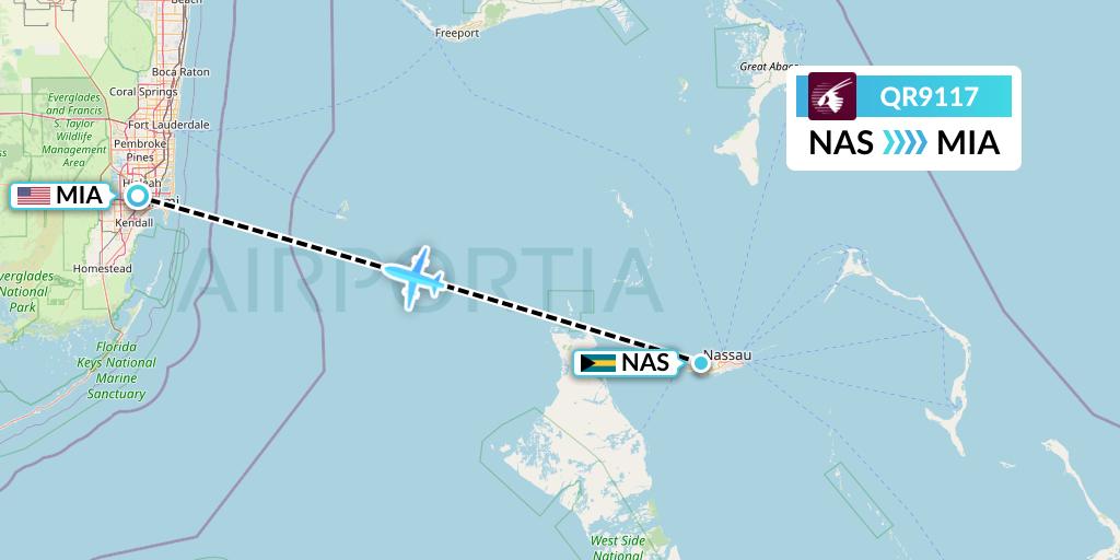 QR9117 Qatar Airways Flight Map: Nassau to Miami