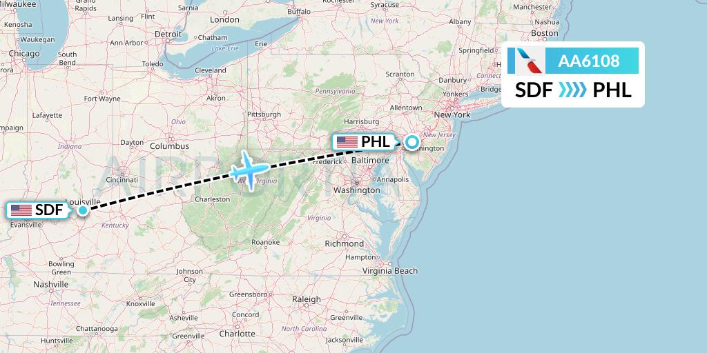 AA6108 American Airlines Flight Map: Louisville to Philadelphia