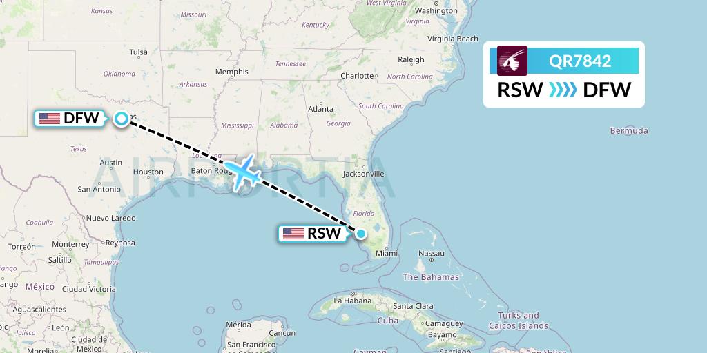 QR7842 Qatar Airways Flight Map: Fort Myers to Dallas