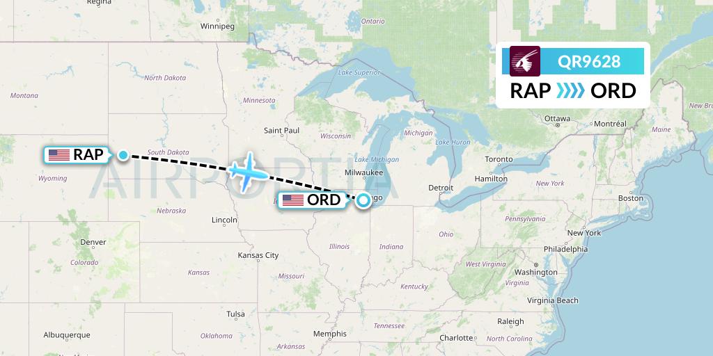 QR9628 Qatar Airways Flight Map: Rapid City to Chicago