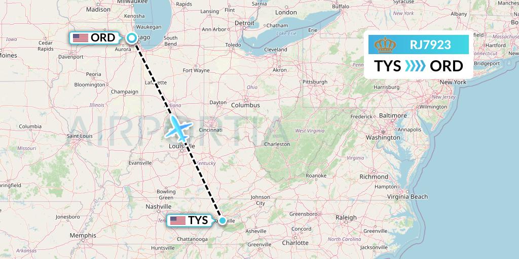 RJ7923 Royal Jordanian Flight Map: Knoxville to Chicago
