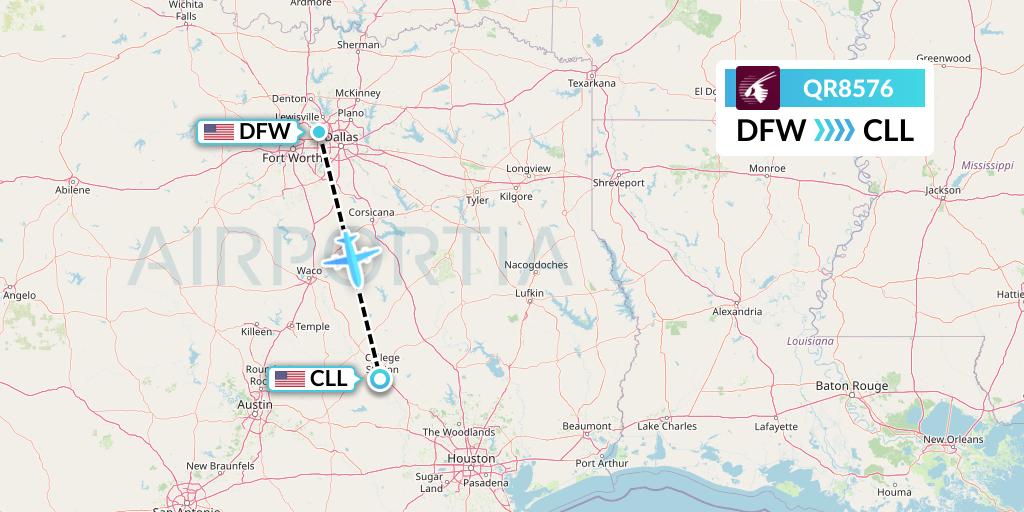 QR8576 Qatar Airways Flight Map: Dallas to College Station