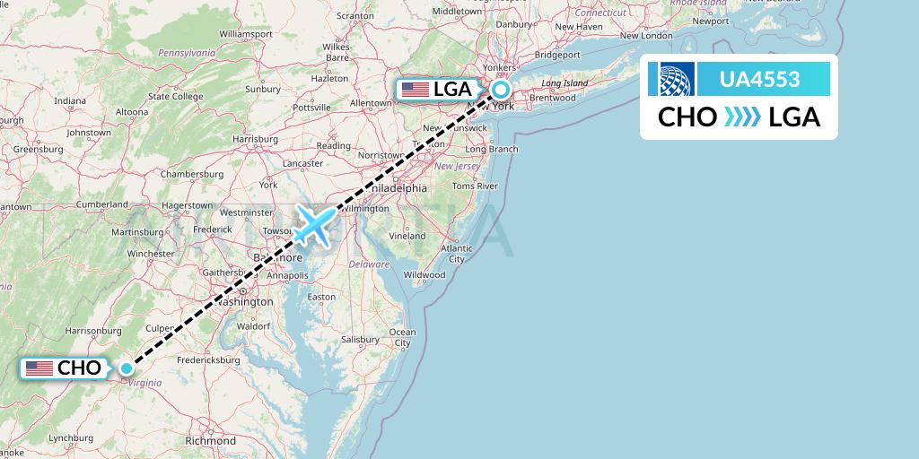 UA4553 United Airlines Flight Map: Charlottesville to New York