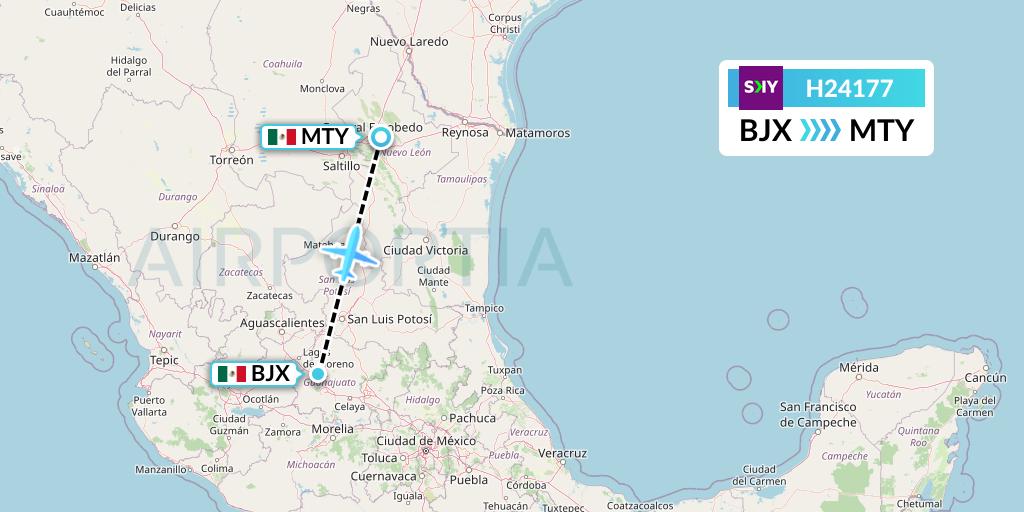 H24177 Sky Airline Flight Map: Silao to Monterrey