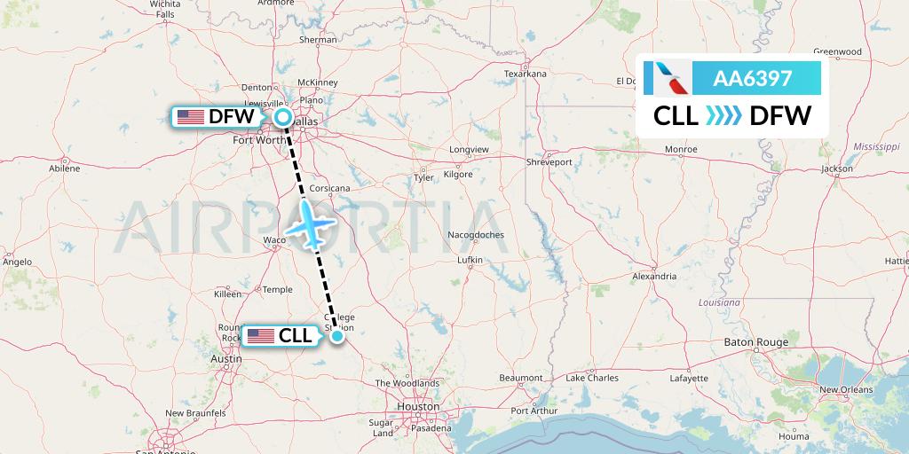 AA6397 American Airlines Flight Map: College Station to Dallas