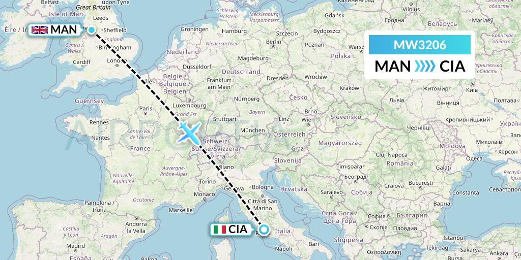 MW3206 Mokulele Flight Service Flight Map: Manchester to Rome