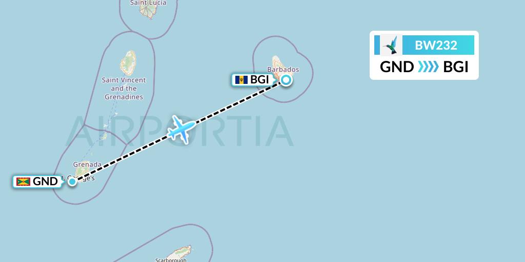 BW232 Caribbean Airlines Flight Map: Point Salines to Bridgetown