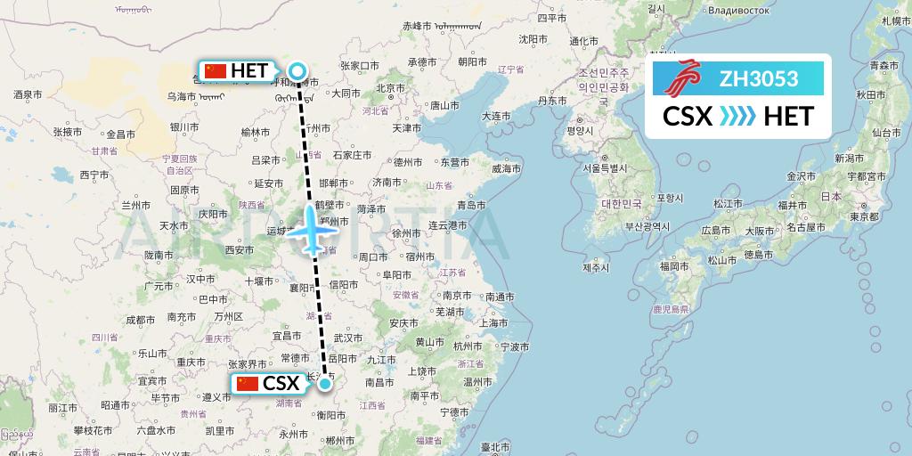 ZH3053 Shenzhen Airlines Flight Map: Changsha to Hohhot