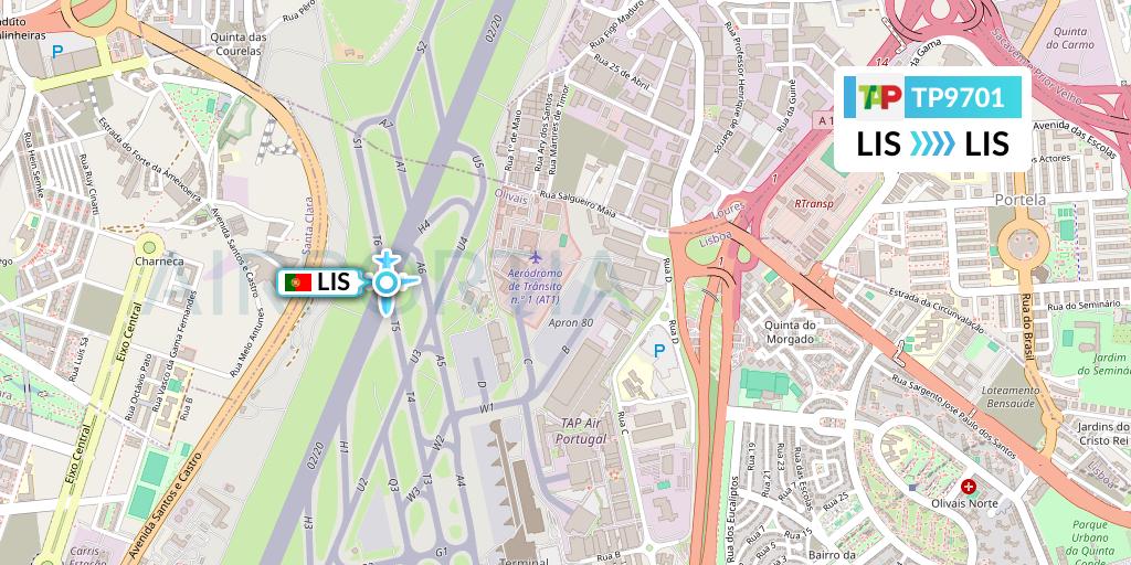 TP9701 TAP Portugal Flight Map: Lisbon to Lisbon