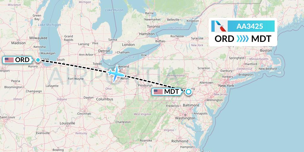 AA3425 American Airlines Flight Map: Chicago to Harrisburg