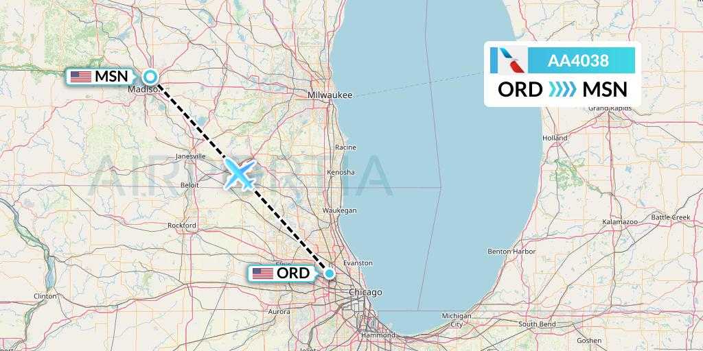AA4038 American Airlines Flight Map: Chicago to Madison