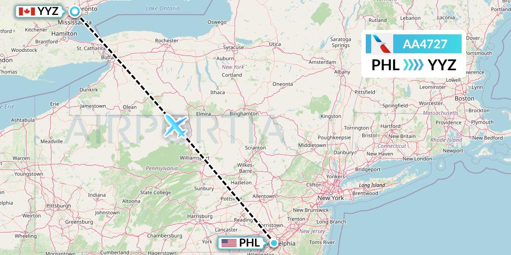 AA4727 American Airlines Flight Map: Philadelphia to Toronto