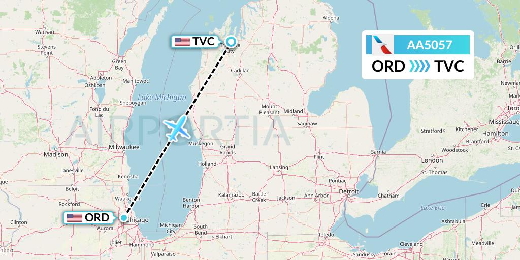 AA5057 American Airlines Flight Map: Chicago to Traverse City