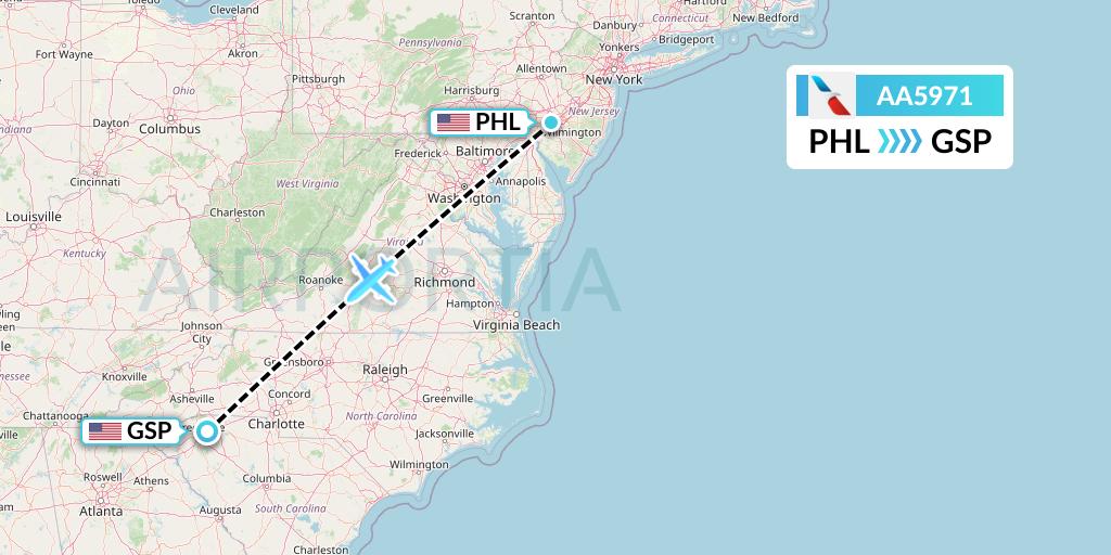 AA5971 American Airlines Flight Map: Philadelphia to Greenville-Spartanburg