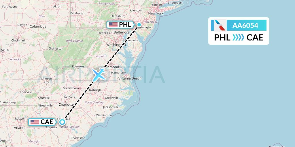 AA6054 American Airlines Flight Map: Philadelphia to Columbia