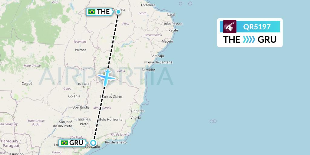 QR5197 Qatar Airways Flight Map: Teresina to Sao Paulo