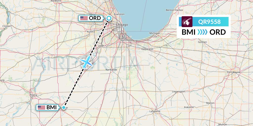 QR9558 Qatar Airways Flight Map: Bloomington to Chicago