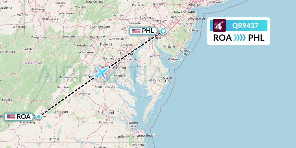 QR9437 Qatar Airways Flight Map: Roanoke to Philadelphia