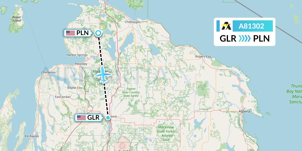 A81302 Aerolink Uganda Flight Map: Gaylord to Pellston