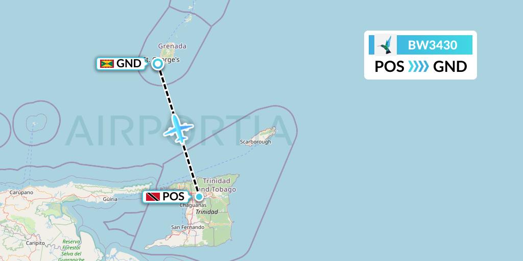 BW3430 Caribbean Airlines Flight Map: Port of Spain to Point Salines