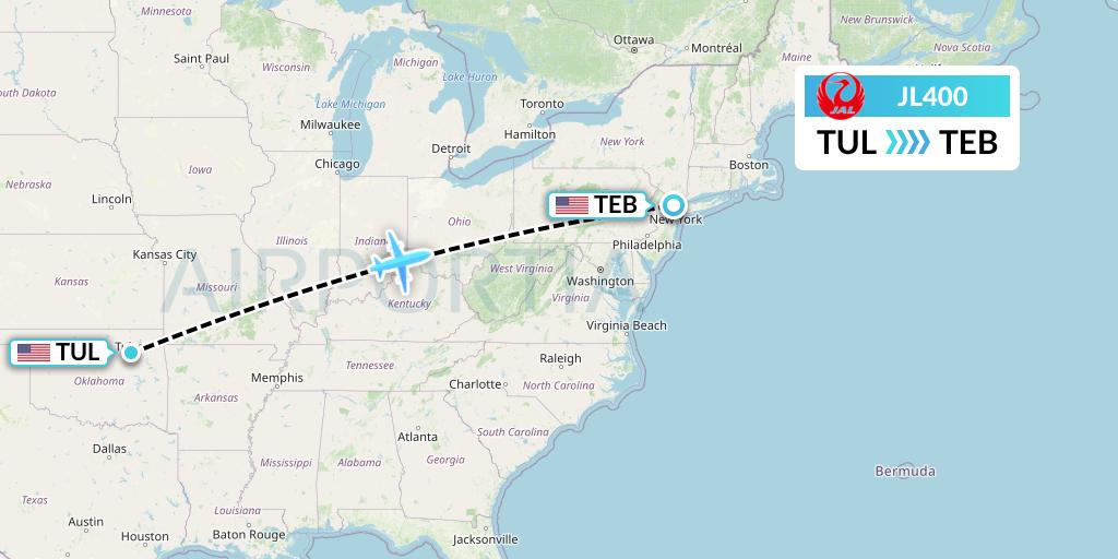 JL400 Japan Airlines Flight Map: Tulsa to Teterboro