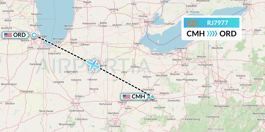 RJ7977 Royal Jordanian Flight Map: Columbus to Chicago
