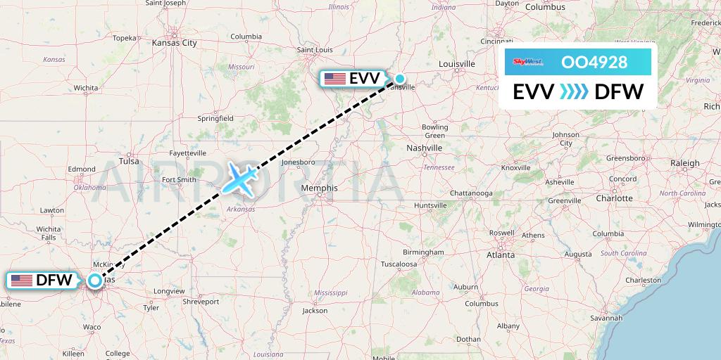 OO4928 SkyWest Airlines Flight Map: Evansville to Dallas