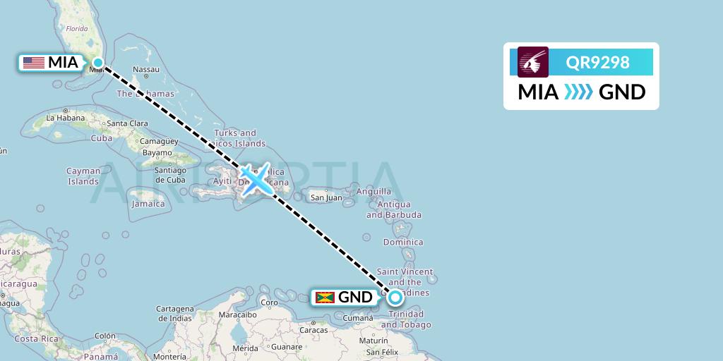 QR9298 Qatar Airways Flight Map: Miami to Point Salines
