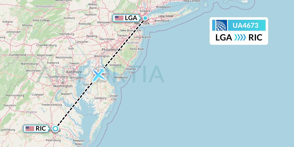 UA4673 United Airlines Flight Map: New York to Richmond