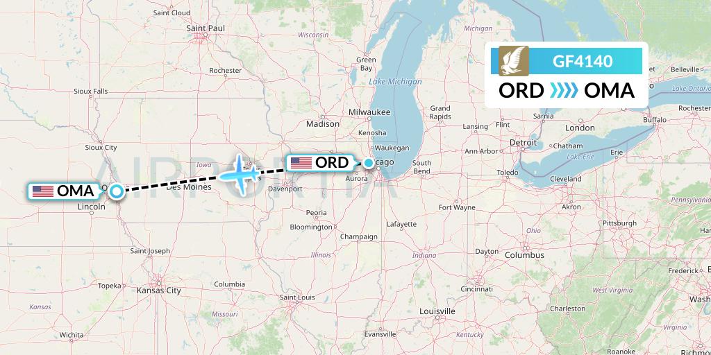GF4140 Gulf Air Flight Map: Chicago to Omaha