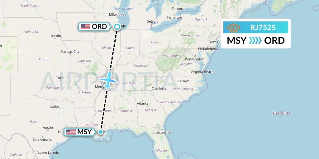 RJ7525 Royal Jordanian Flight Map: New Orleans to Chicago