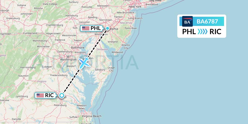 BA6787 British Airways Flight Map: Philadelphia to Richmond
