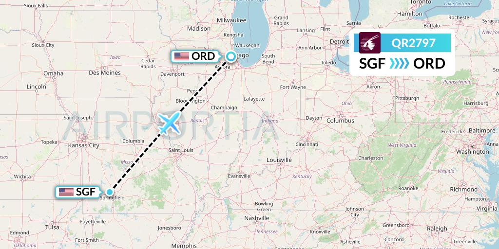 QR2797 Qatar Airways Flight Map: Springfield to Chicago