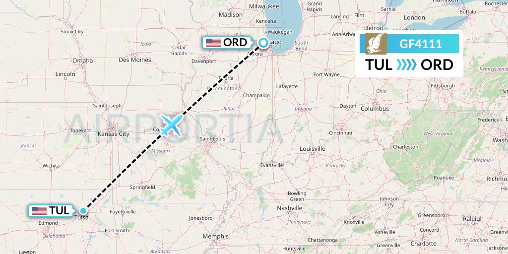 GF4111 Gulf Air Flight Map: Tulsa to Chicago