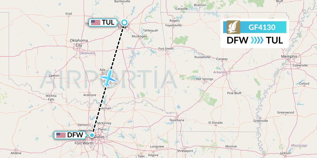 GF4130 Gulf Air Flight Map: Dallas to Tulsa