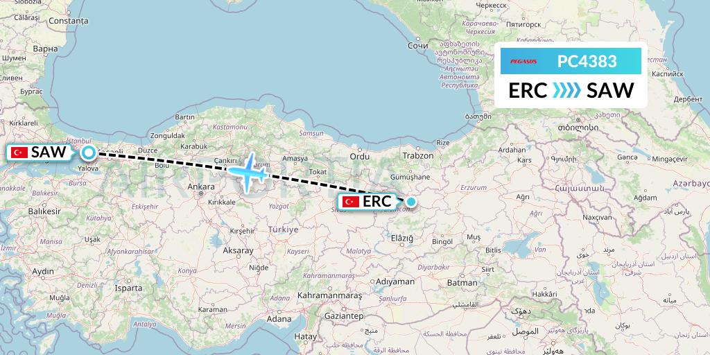 PC4383 Pegasus Airlines Flight Map: Erzincan to Istanbul