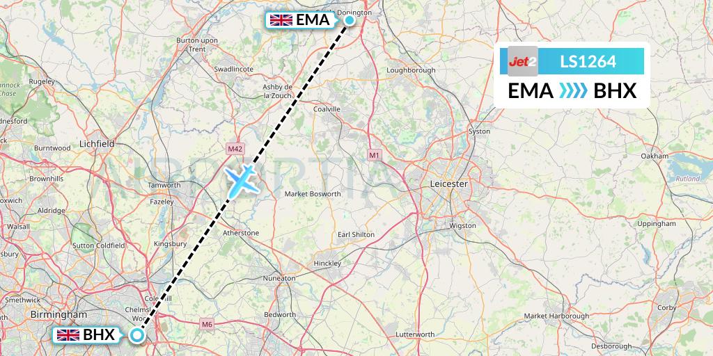 LS1264 Jet2 Flight Map: East Midlands to Birmingham