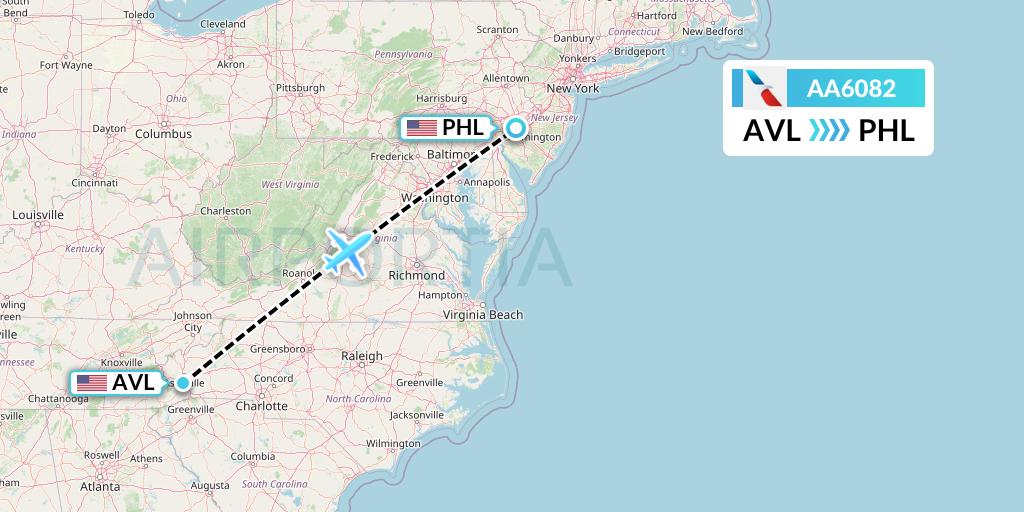 AA6082 American Airlines Flight Map: Asheville to Philadelphia
