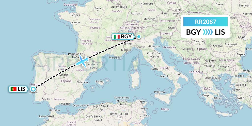 RR2087 Royal Air Force Flight Map: Milan to Lisbon