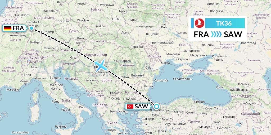 TK36 Turkish Airlines Flight Map: Frankfurt to Istanbul
