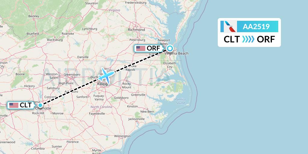 AA2519 American Airlines Flight Map: Charlotte to Norfolk
